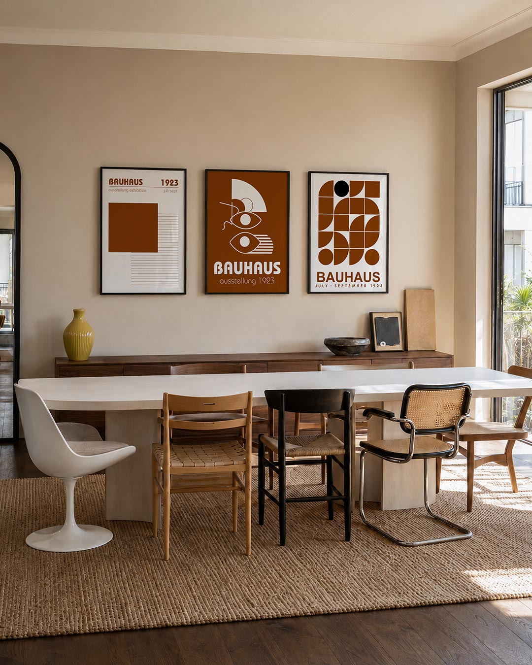 Vorm en lijnen posterset – tweede productweergave – deze posterset in drie delen toont een groot bruin vlak met horizontale