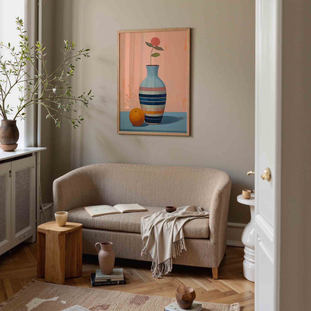 Vaas met bloem en sinaasappel – botanische poster in staand formaat