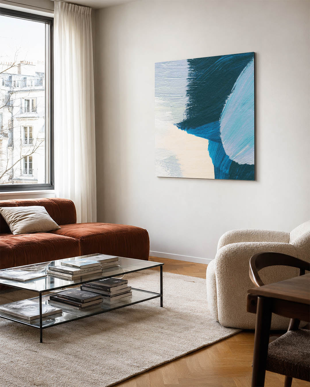 Dynamische kleurencompositie kunstwerk – vierkante wanddecoratie – dit kunstwerk toont een levendige mix van blauwe en oranje
