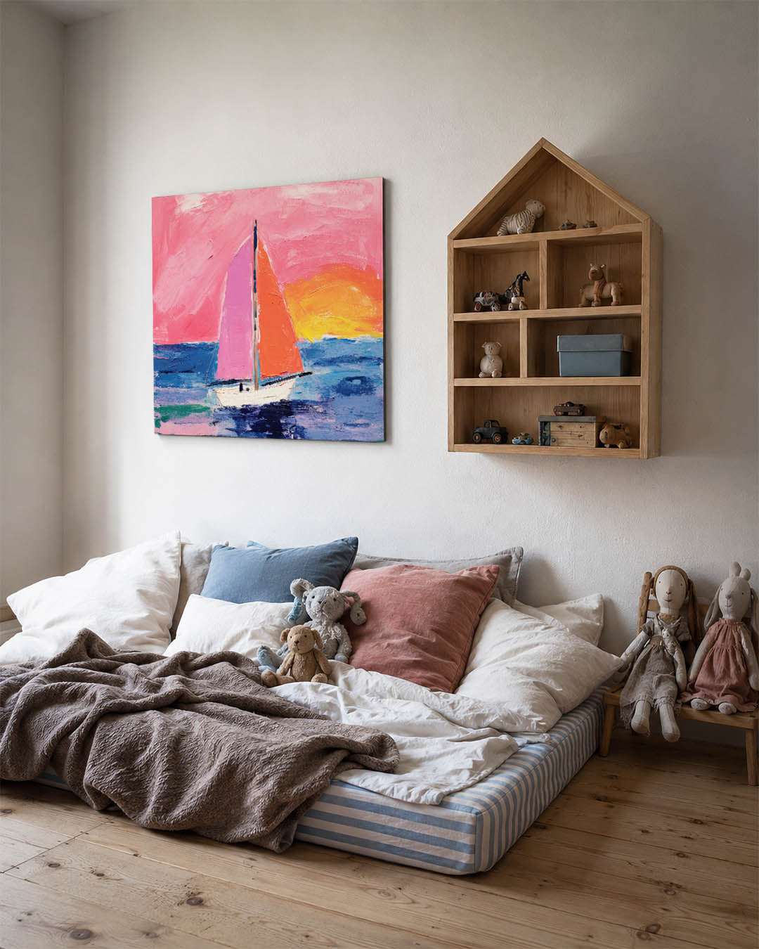 Vrolijk zeilboottafereel kunstwerk – derde productweergave – dit kunstwerk toont een zeilboot op een kleurrijke zee met een