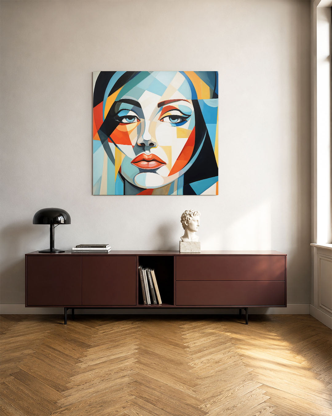 Geometrisch portret kunstwerk – tweede productweergave – dit werk toont een gezicht opgebouwd uit geometrische vormen en