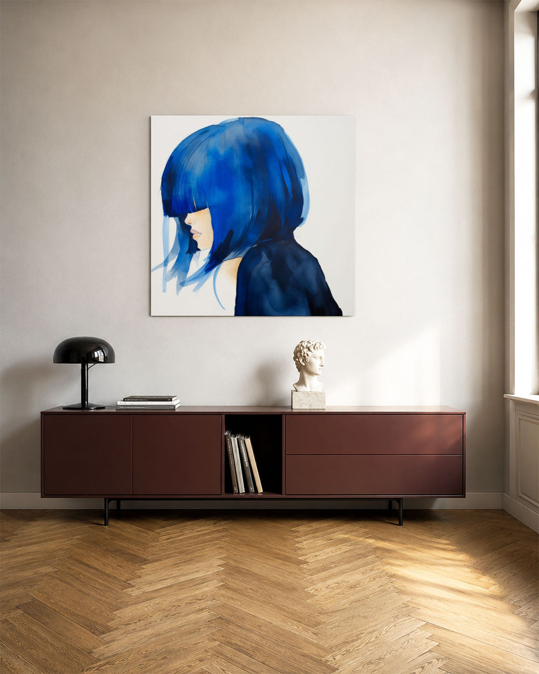 Blauwe silhouet kunstwerk – tweede productweergave – dit kunstwerk toont een zijaanzicht van een persoon met opvallend blauw