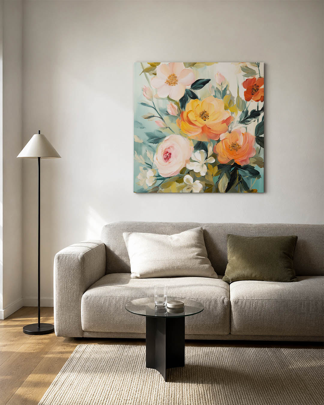 Bloemrijke compositie kunstwerk – detailweergave – dit kunstwerk toont een levendige verzameling bloemen in zachte en warme