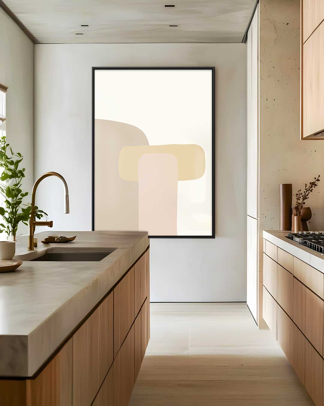 Abstracte Vormen in Beige – dibond wanddecoratie in staand formaat
