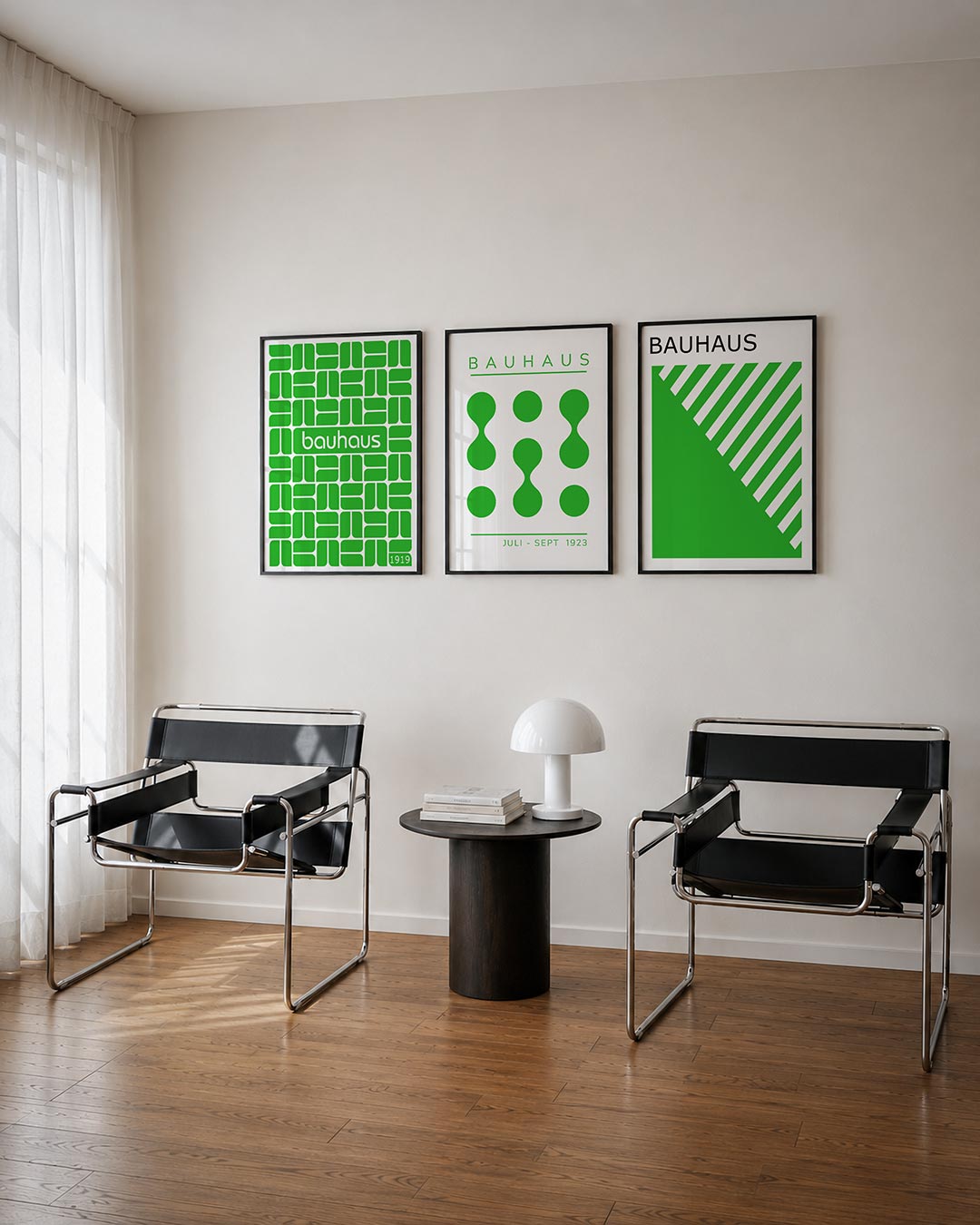 Groene vormenstructuur posterset – tweede productweergave – deze posterset in drie delen toont een levendig patroon van
