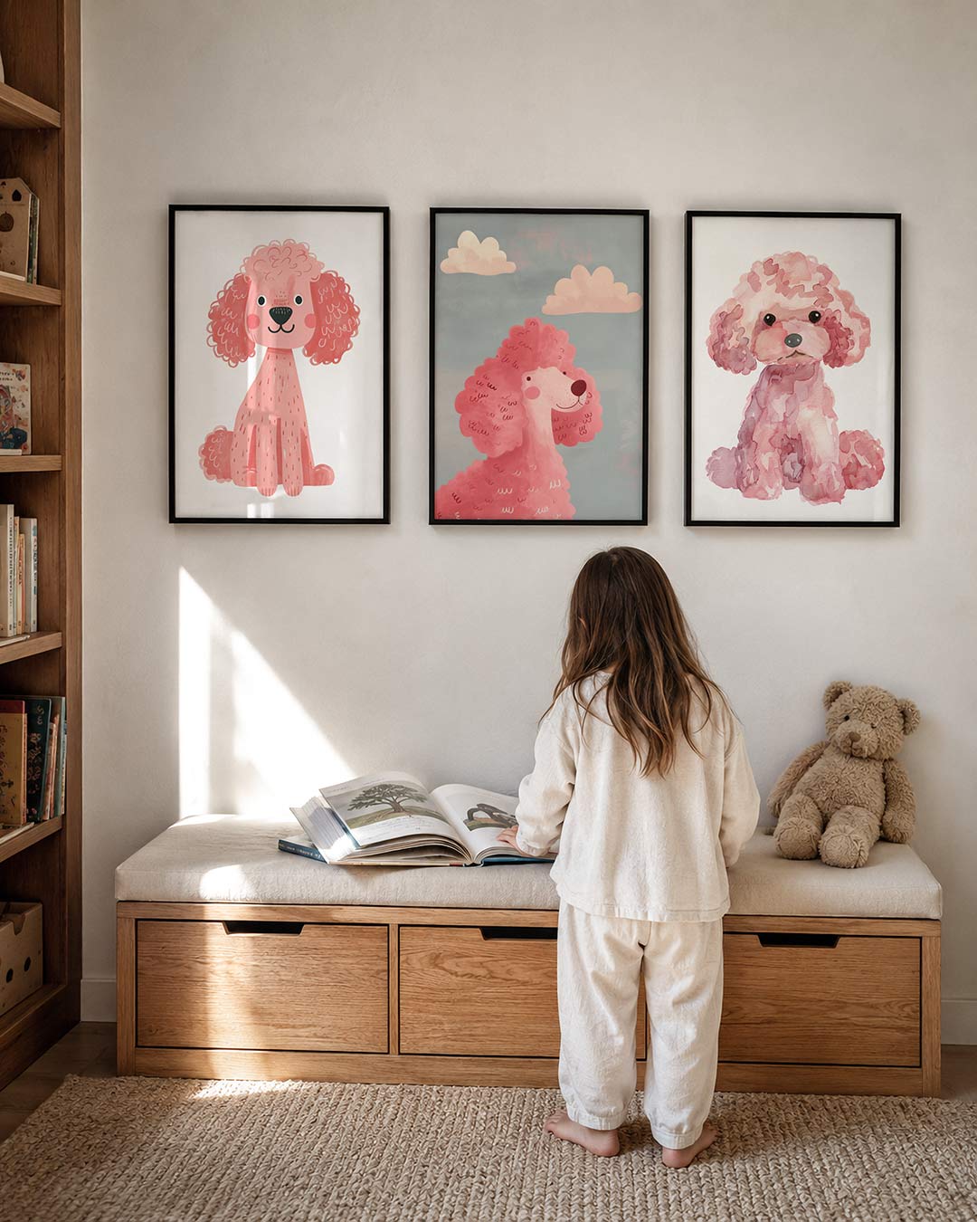 Vrolijke hond posterset – derde productweergave – een speelse illustratie van een roze hond met krullend haar
