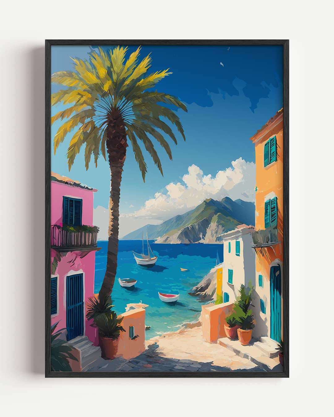 Mediterraans Dorpje aan Zee – zomer portret poster als wanddecoratie
