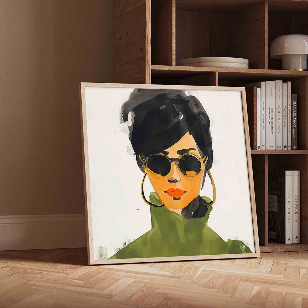 Vrouw met zonnebril – vierkante portret wanddecoratie van WallArtistic