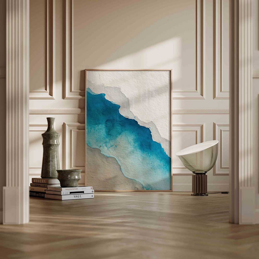 Abstracte blauwe waterverf – staande abstracte wanddecoratie van WallArtistic
