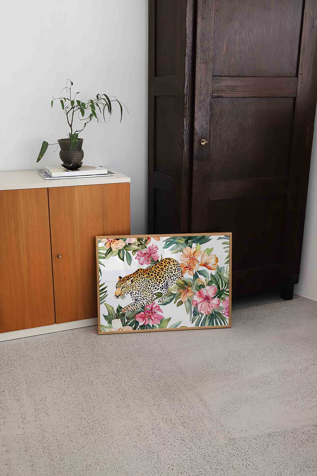 Luipaard en bloemen – dierenillustratie als landscape poster