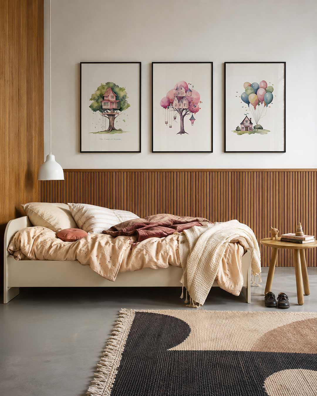 Boomhuis fantasie driedelige posterset – een boomhuis in zachte roze tinten, omgeven door weelderig
