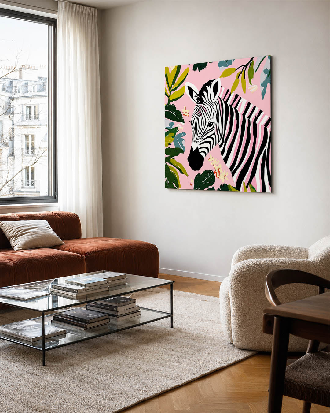 Zebra en bladeren kunstwerk – vierkante wanddecoratie – dit werk toont een zebra omringd door groene bladeren op een roze