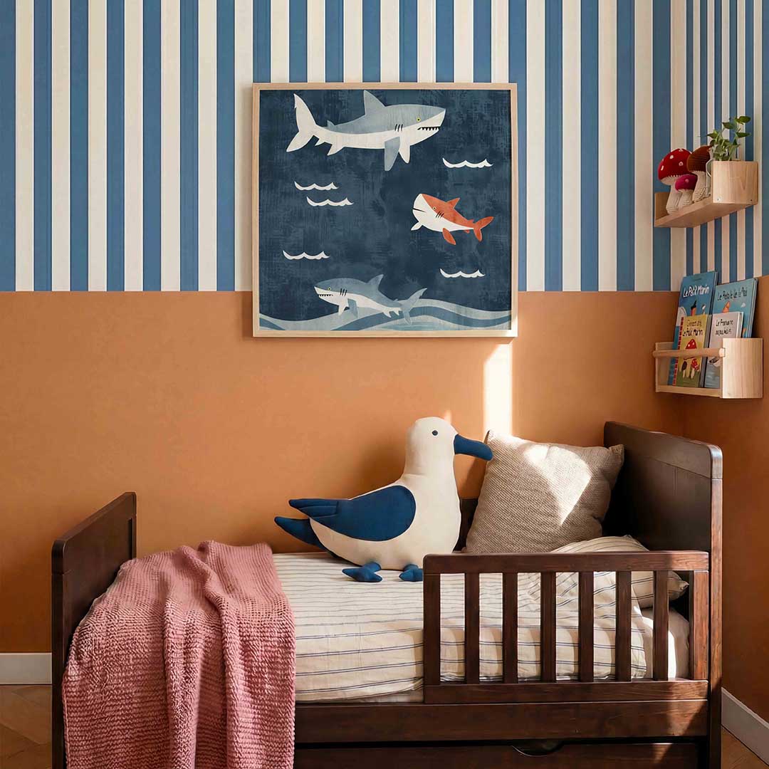 Haaien en golven – kids poster in vierkant formaat