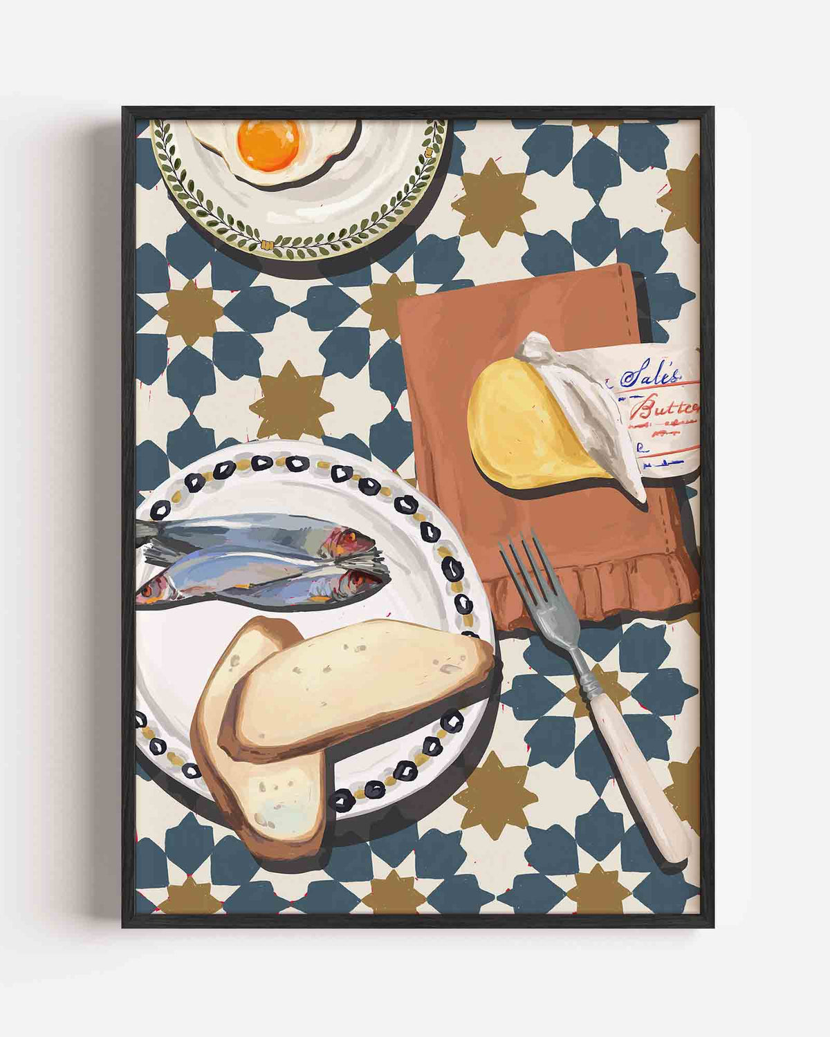 Ontbijt met vis en brood – keuken portret poster als wanddecoratie