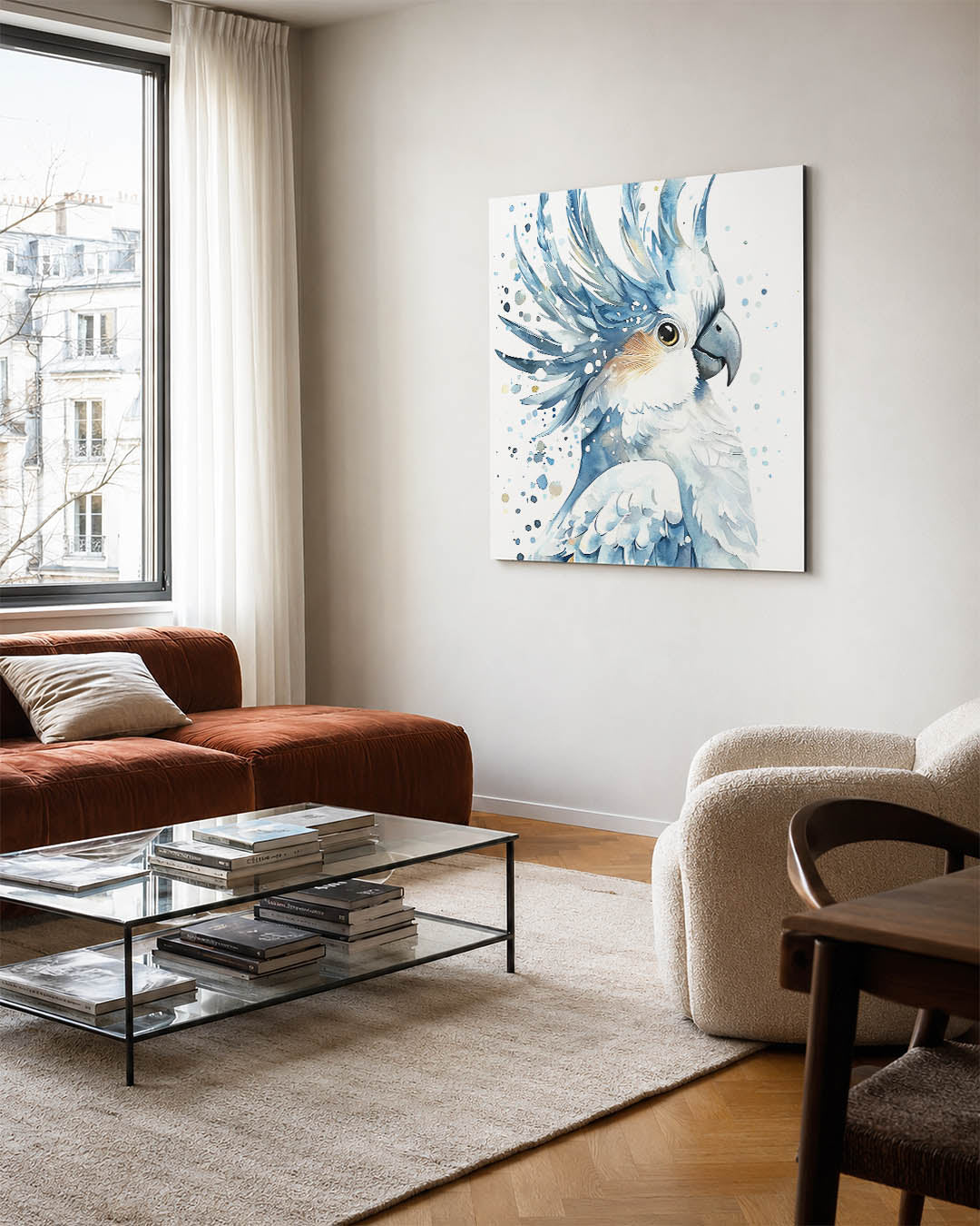 Vogelsilhouet met kleuren kunstwerk – vierkante wanddecoratie – dit werk toont een vogel met dynamische lijnen en spatten van