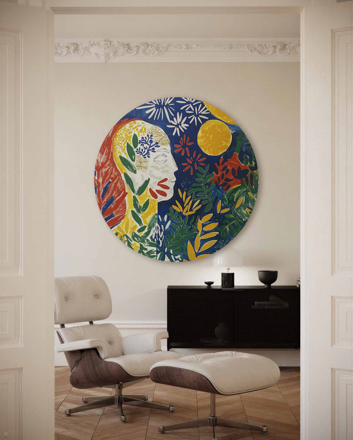 Abstracte figuur met bladeren – muurcirkel met kleur en vormen voor aan de muur