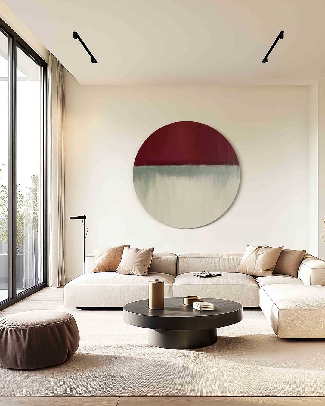 Rood en beige abstracte – kleurrijke illustratie muurcirkel als wanddecoratie