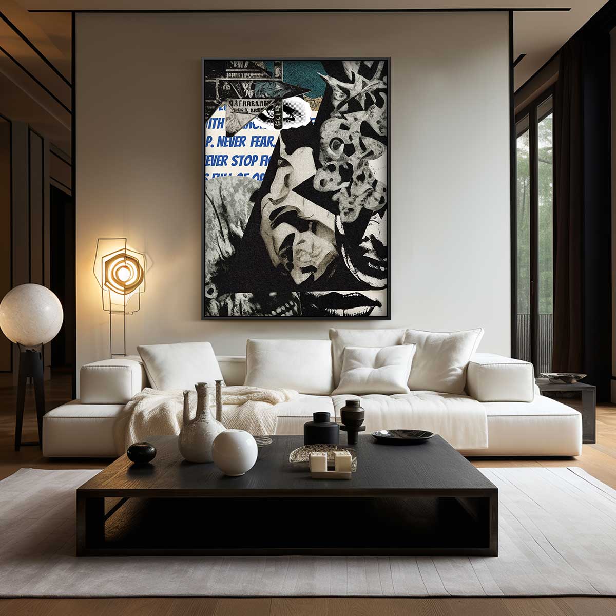 Dynamische Duistere Collage – staand kunstwerk voor modern interieur