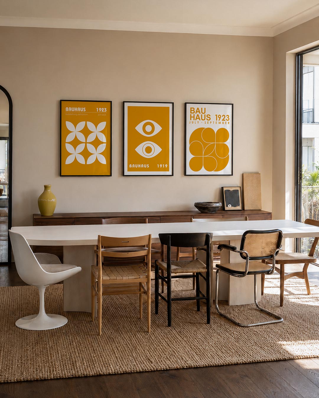 Vorm en kleur driedelige posterset – deze posterset in drie delen toont een levendig spel van witte bloemachtige vormen tegen