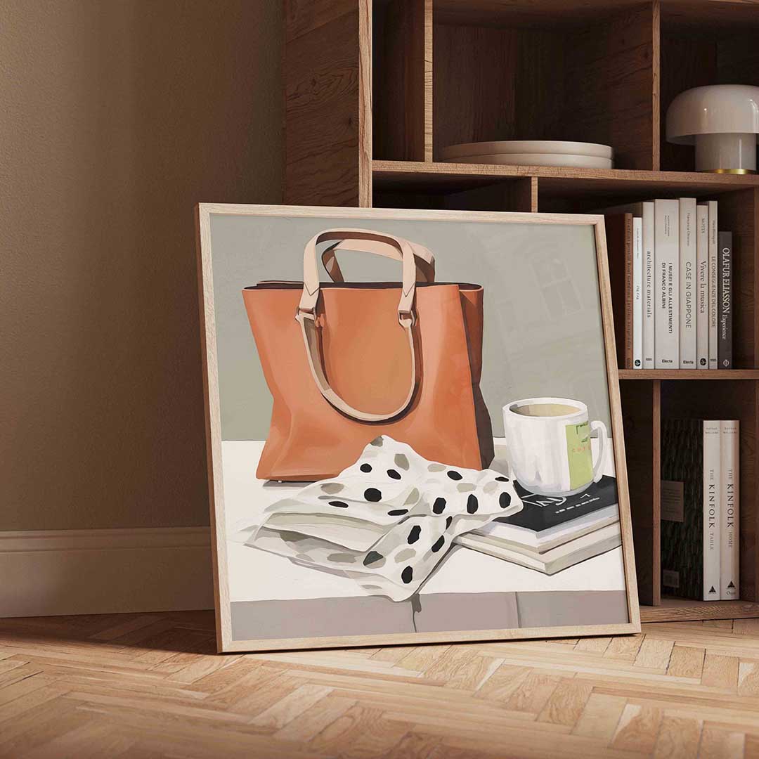 Tas en mok op tafel – moderne wandkunst met kleur en vormen als poster