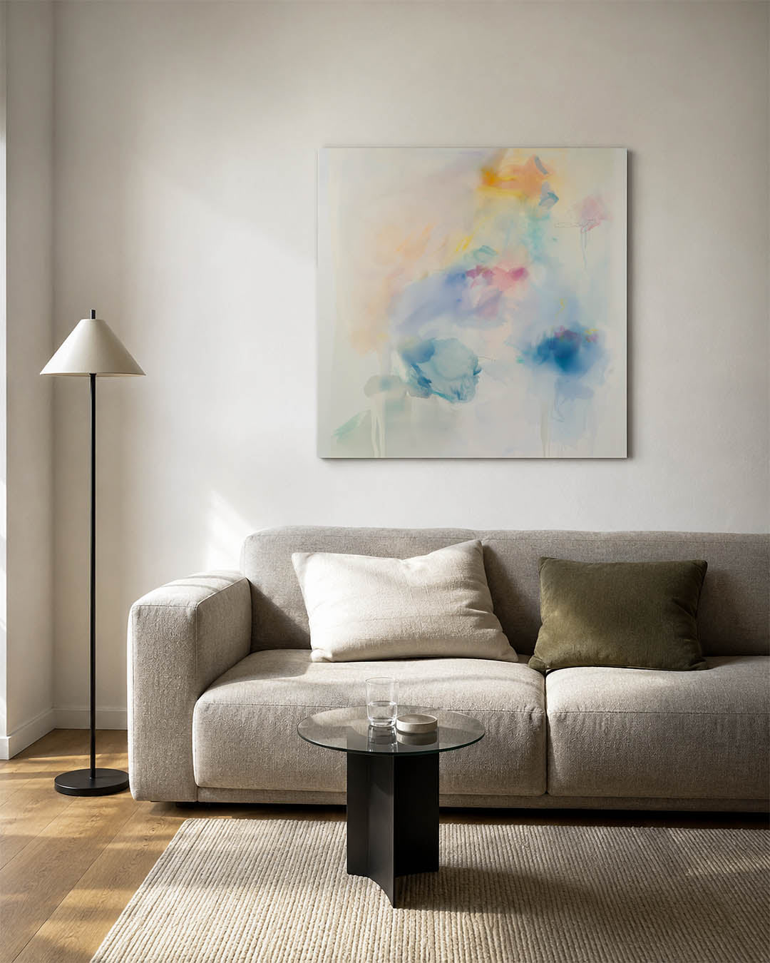 Dromerige kleurencompositie kunstwerk – vierkante wanddecoratie – dit kunstwerk toont een zachte mengeling van kleuren met