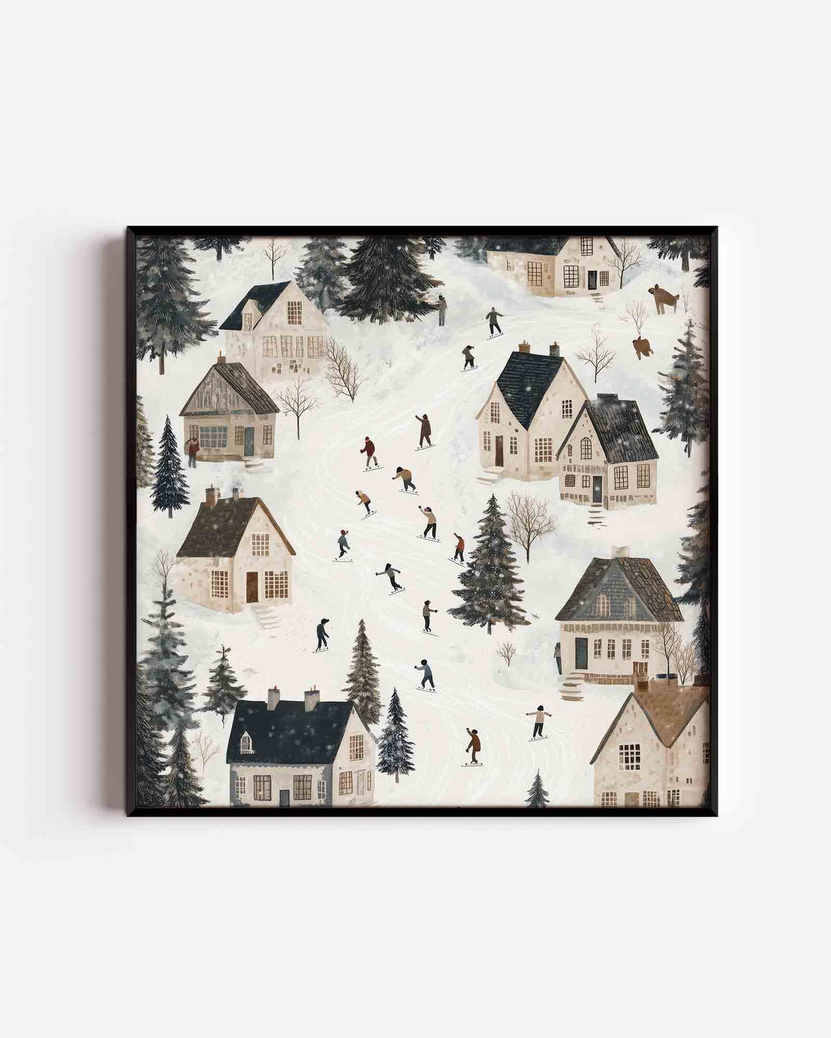 Winterdorp met schaatsers – vierkante kinderposter als wanddecoratie