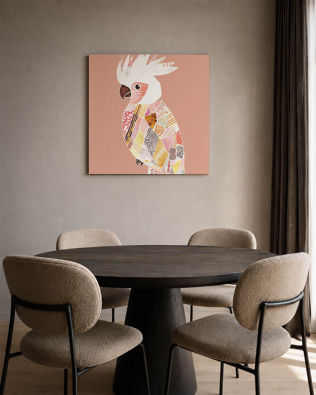 Vrolijke vogel collage kunstwerk – derde productweergave – dit kunstwerk toont een kleurrijke vogel met een mozaïek van
