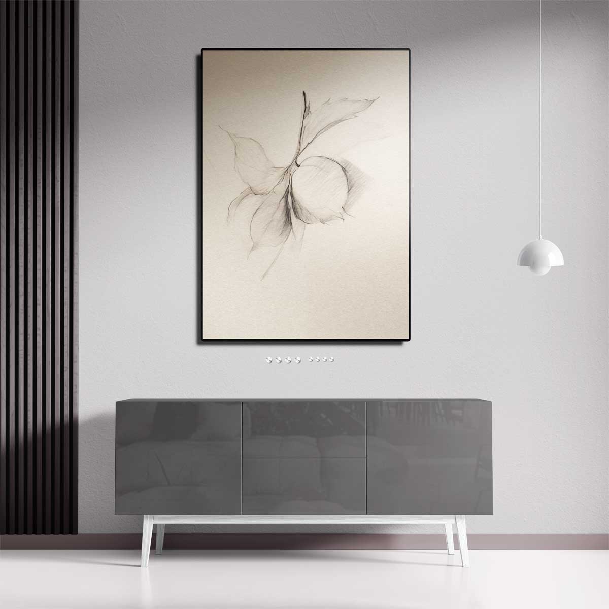 Minimalistische Potloodtekening van Blad en Vrucht – dibond kunstwerk als wanddecoratie