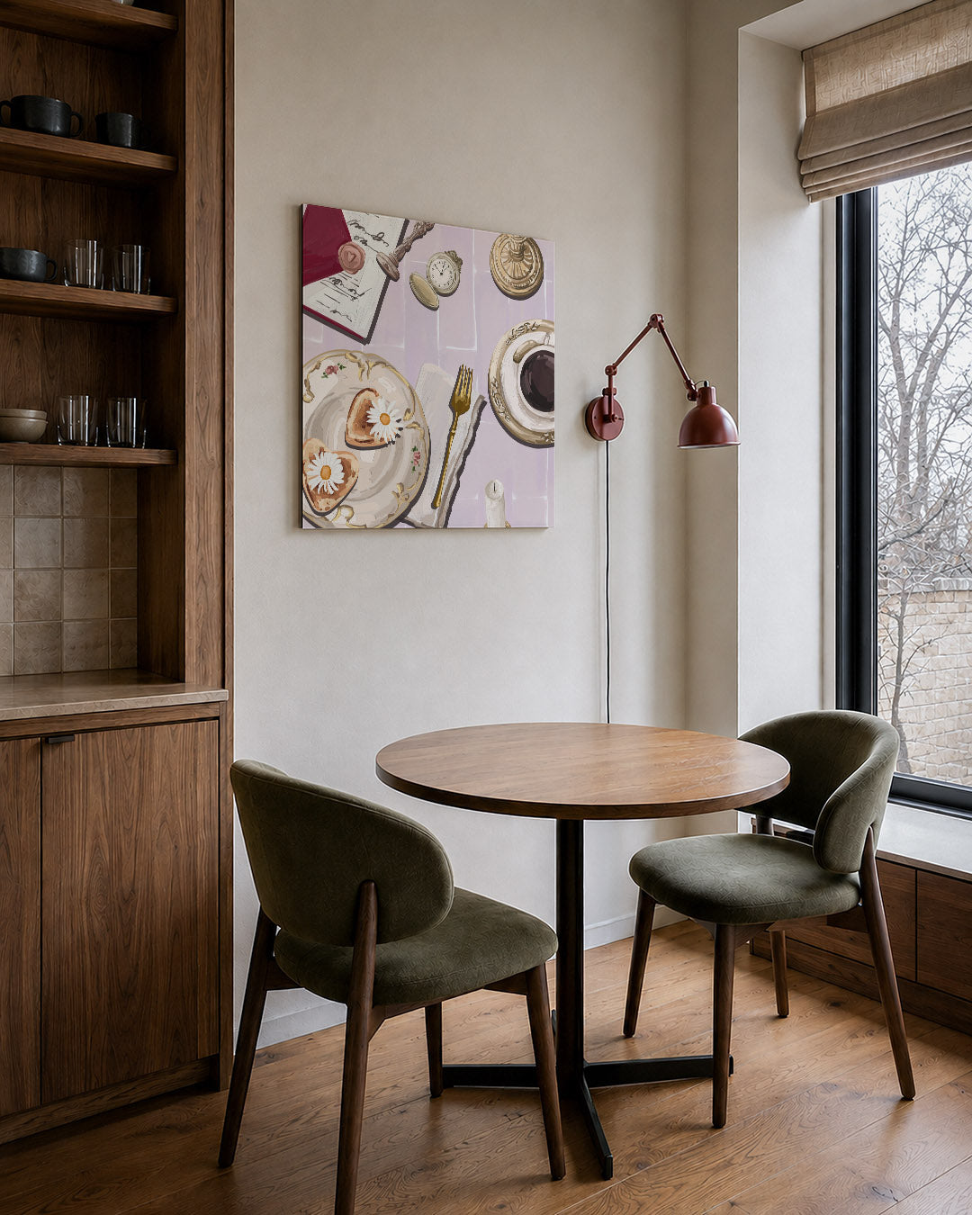 Ontbijtscène kunstwerk – derde productweergave – dit werk toont een ontbijtscène met delicate serviesstukken, een gouden vork