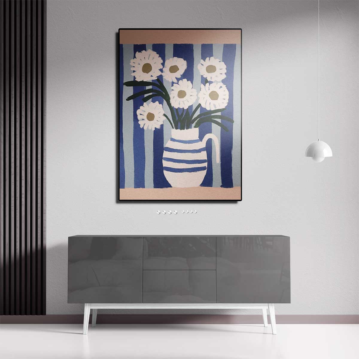 Bloemen in Blauwe Strepen – canvas wanddecoratie in portret formaat