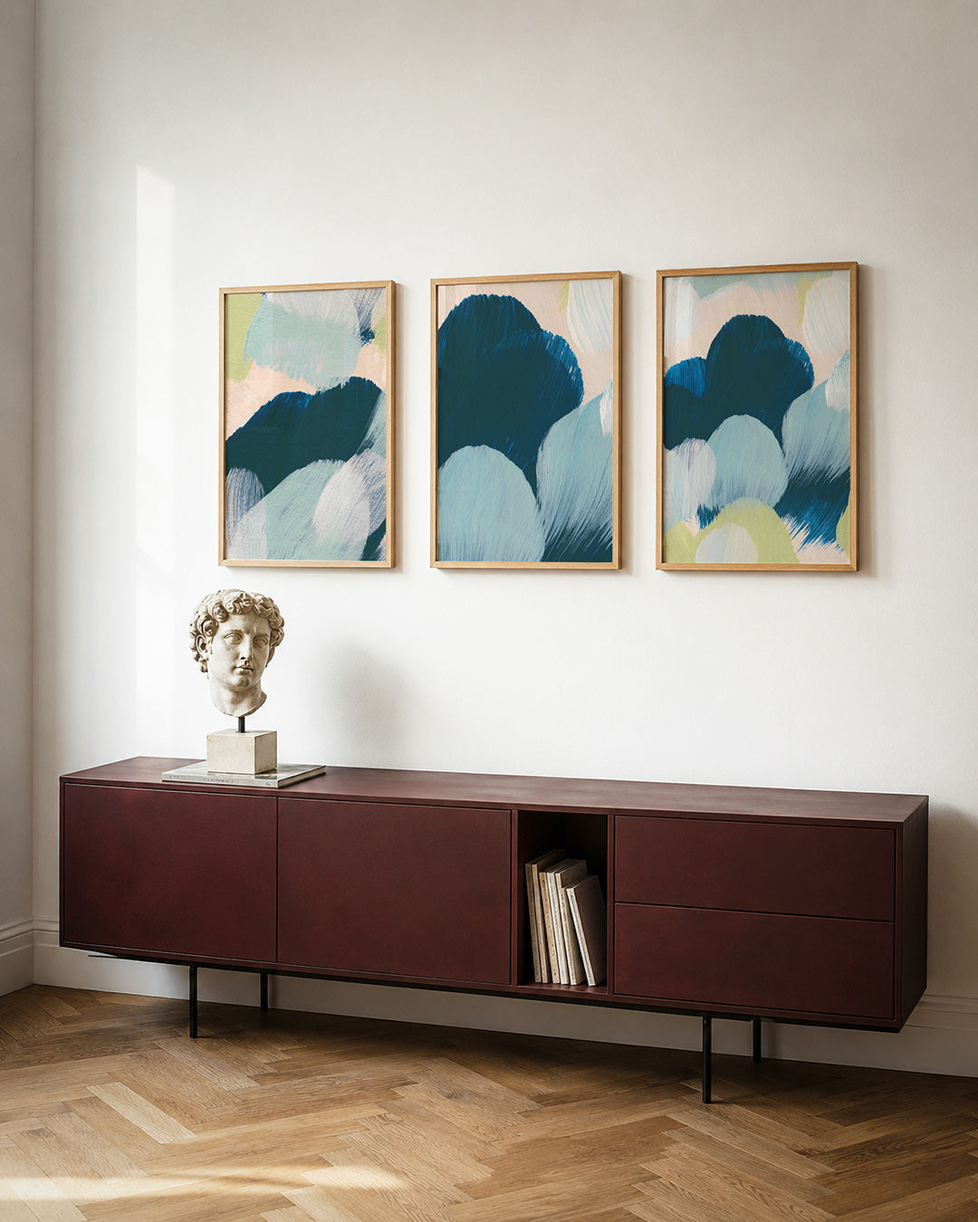 Kleurvlakken harmonie posterset – tweede productweergave – deze posterset in drie delen toont zachte penseelstreken in