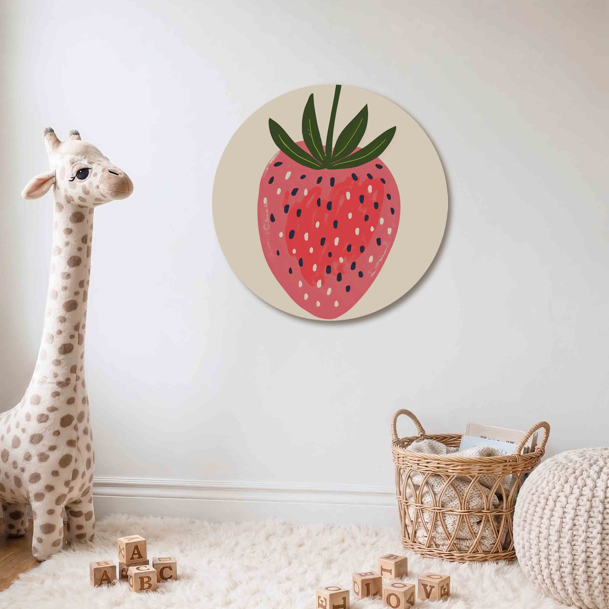 Aardbei Muurcirkel – Een grote rode aardbei met groene bladeren en zwarte stippen op een beige achtergrond.
