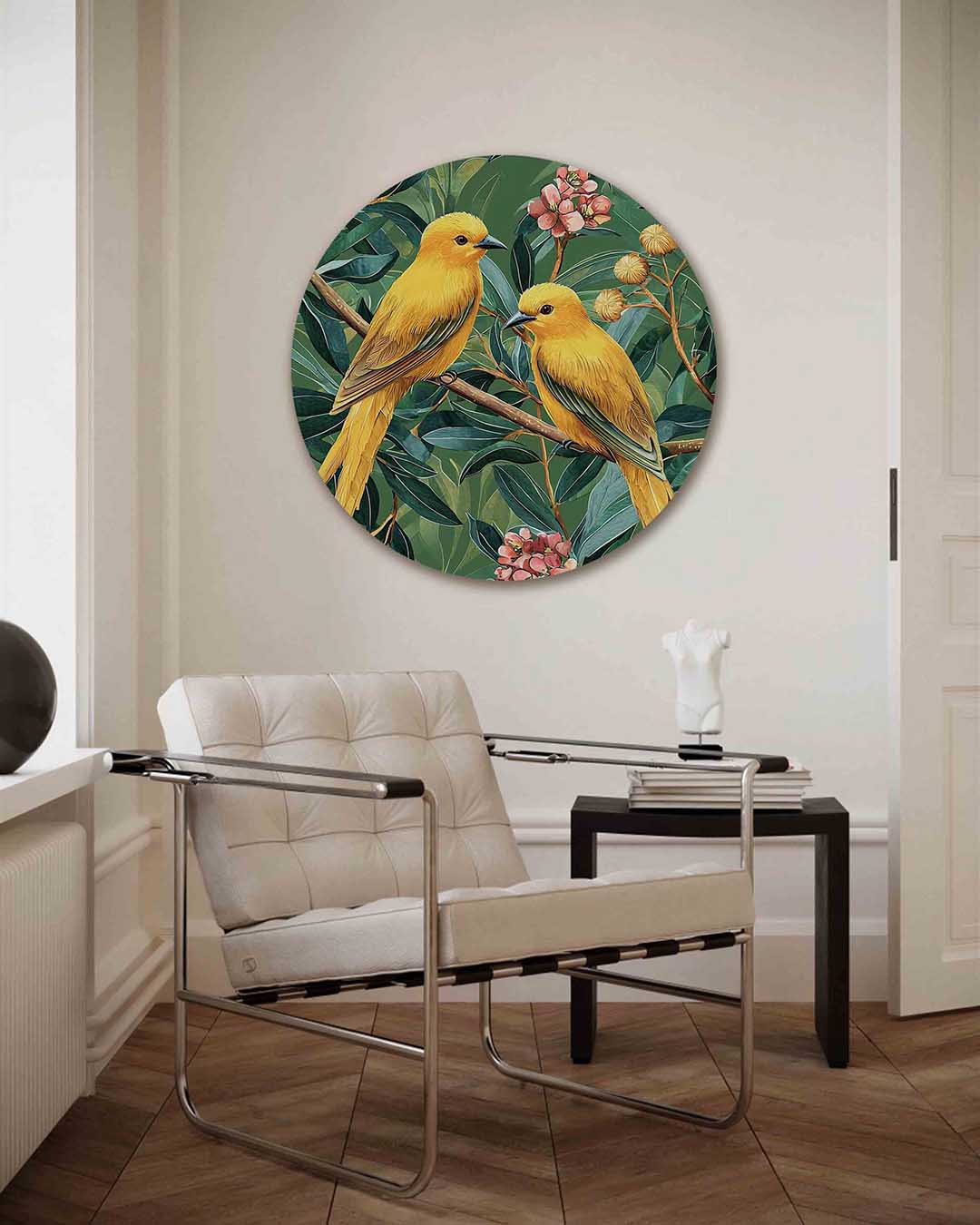 Gele vogels en bloemen – kleurrijke illustratie muurcirkel als wanddecoratie