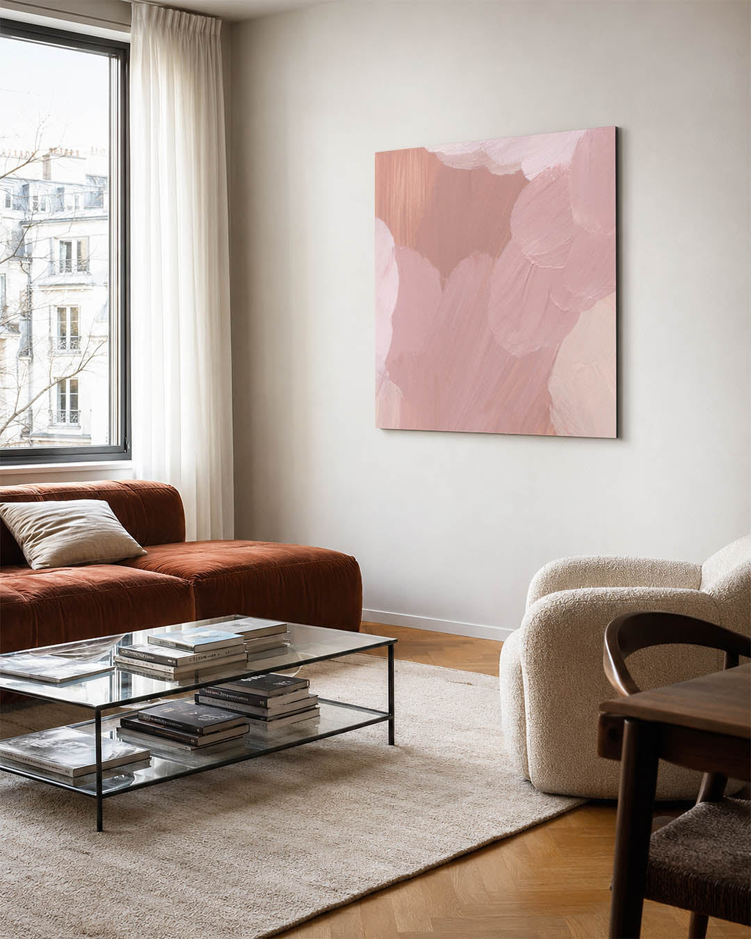 Zachte kleurencompositie kunstwerk – vierkante wanddecoratie – dit werk toont een harmonie van zachte penseelstreken in roze
