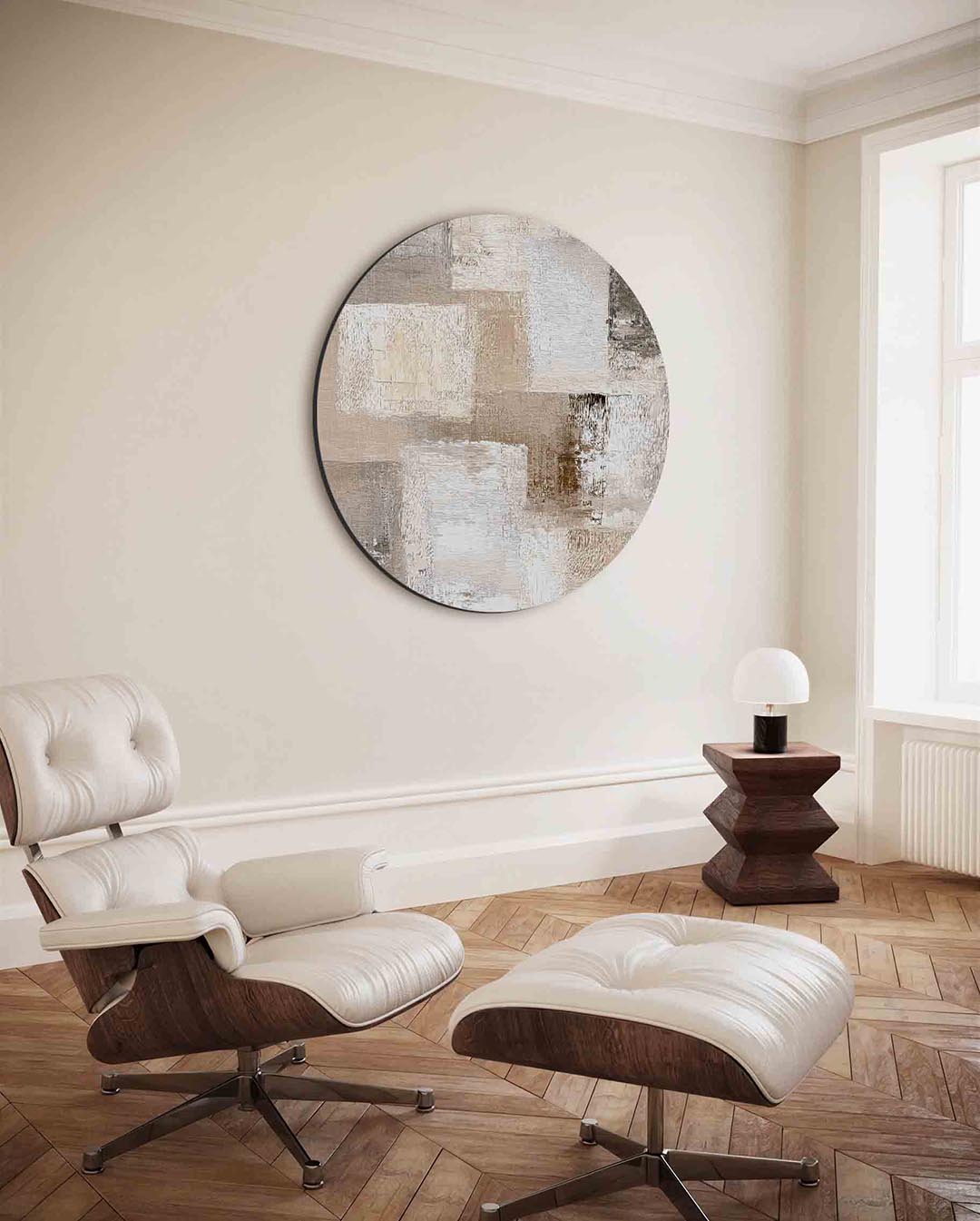 Abstracte rechthoeken – moderne ronde wanddecoratie met vrouwelijk portret