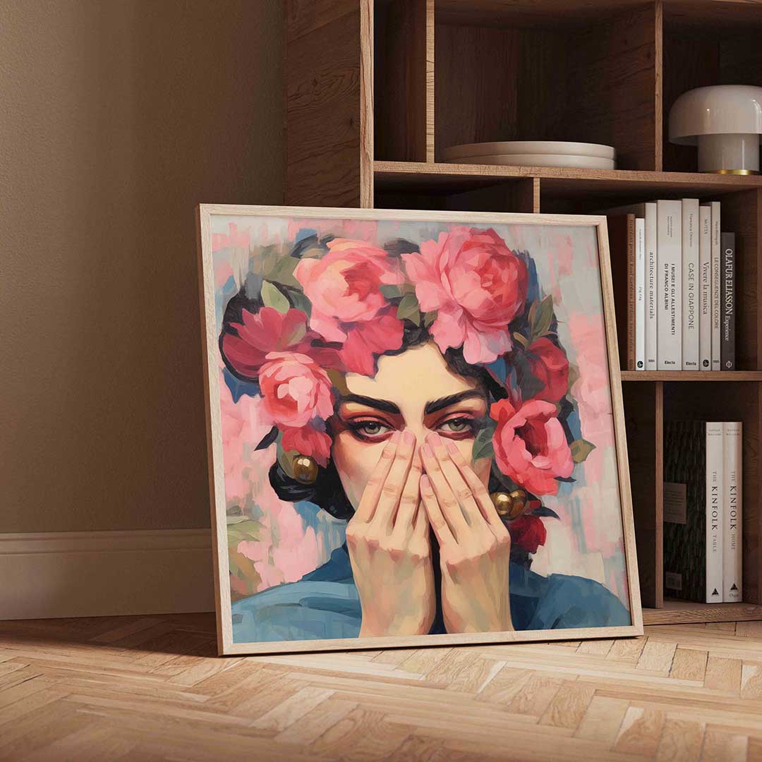 Vrouw met bloemen – vierkante portret wanddecoratie van WallArtistic