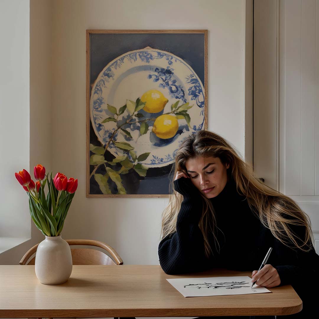 Zomerse Citroen Op Blauwe Porselein – culinaire wandkunst als portret poster
