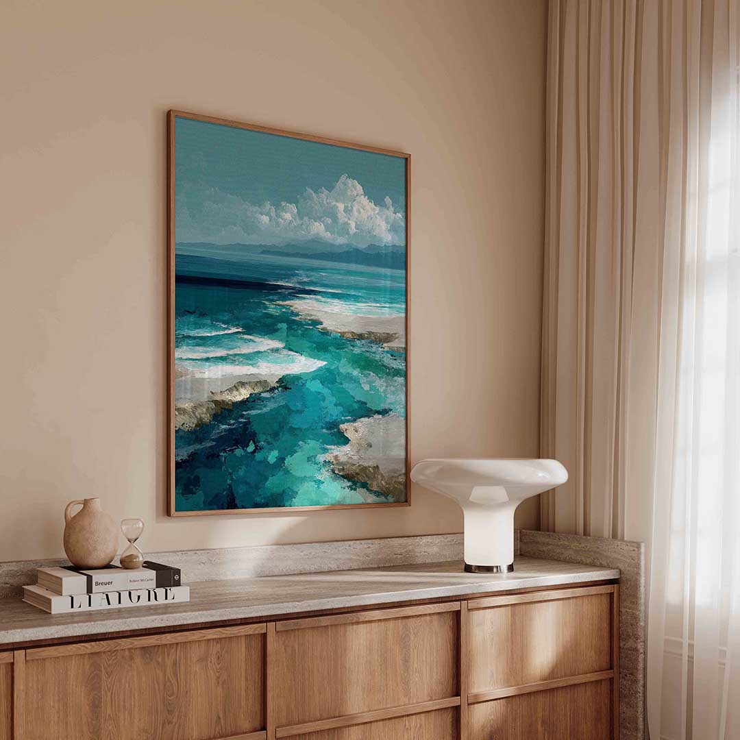 Blauwe oceaanlandschap – abstracte poster in staand formaat