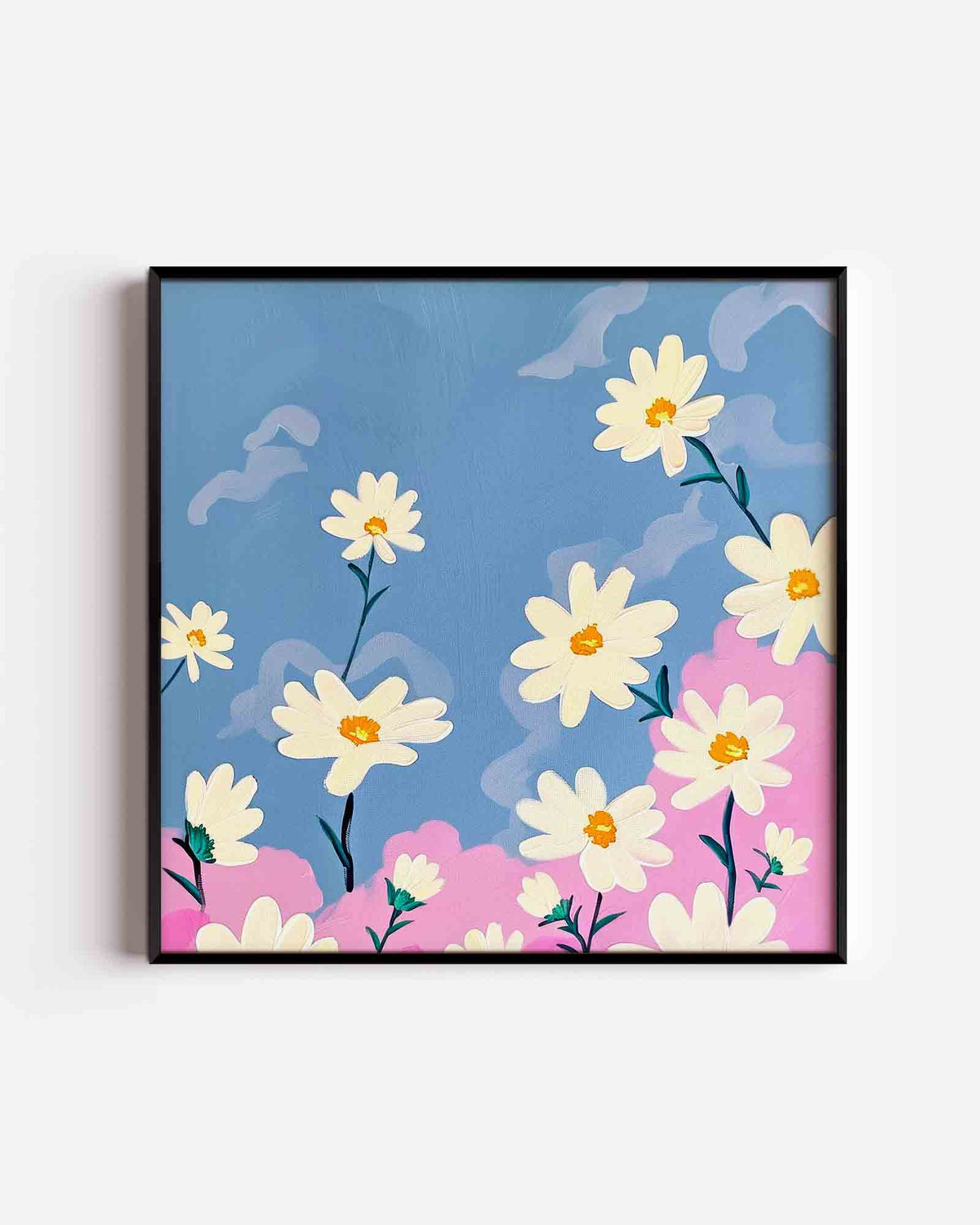 Bloemen en blauwe lucht – kleurrijke illustratie poster als wanddecoratie