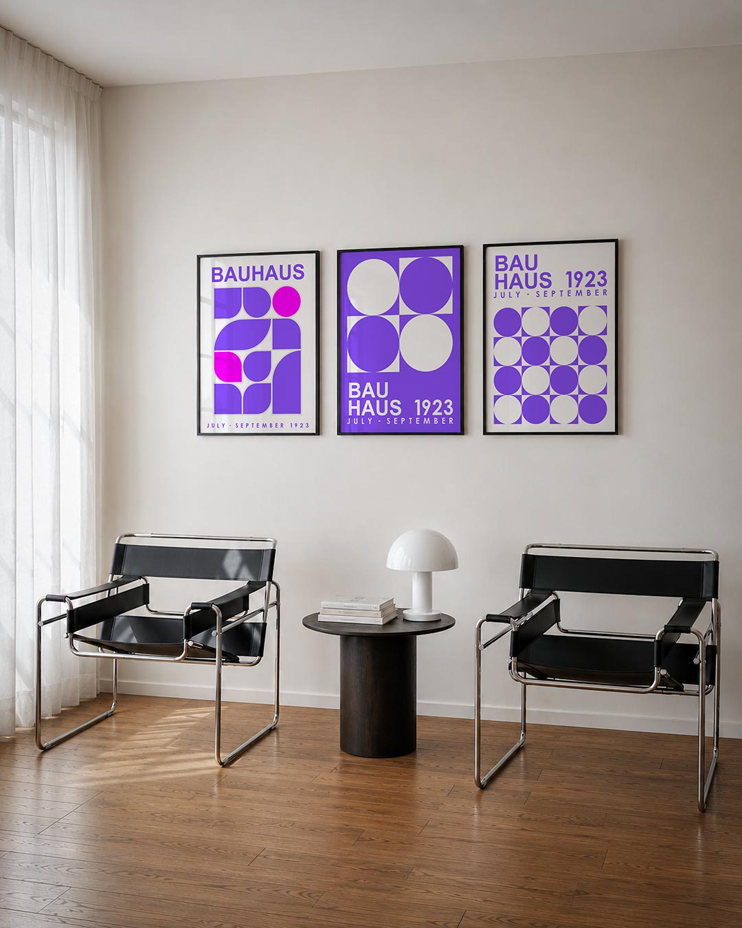 Vorm en kleur posterset – derde productweergave – deze posterset in drie delen speelt met paarse en roze
