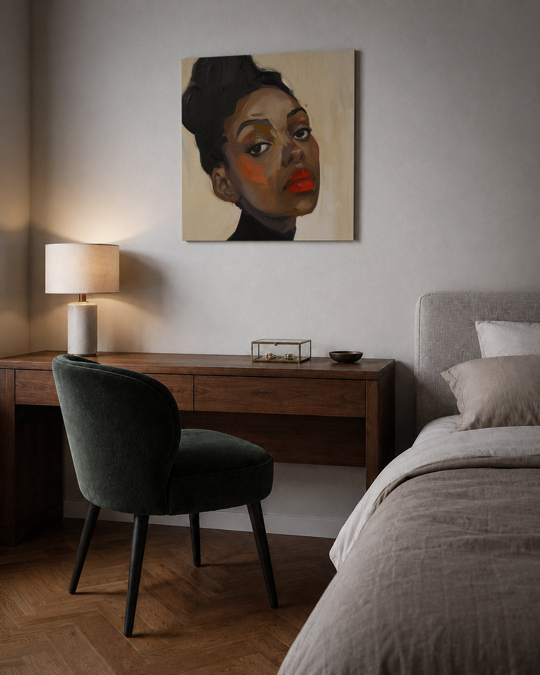 Portretstudie kunstwerk – sfeerbeeld – dit werk toont een portret met gedurfde penseelstreken. De warme kleuren en de intense