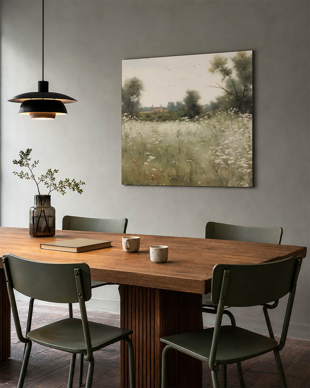 Rustig landschap kunstwerk – tweede productweergave – dit kunstwerk toont een weide met wilde bloemen en bomen, met op de
