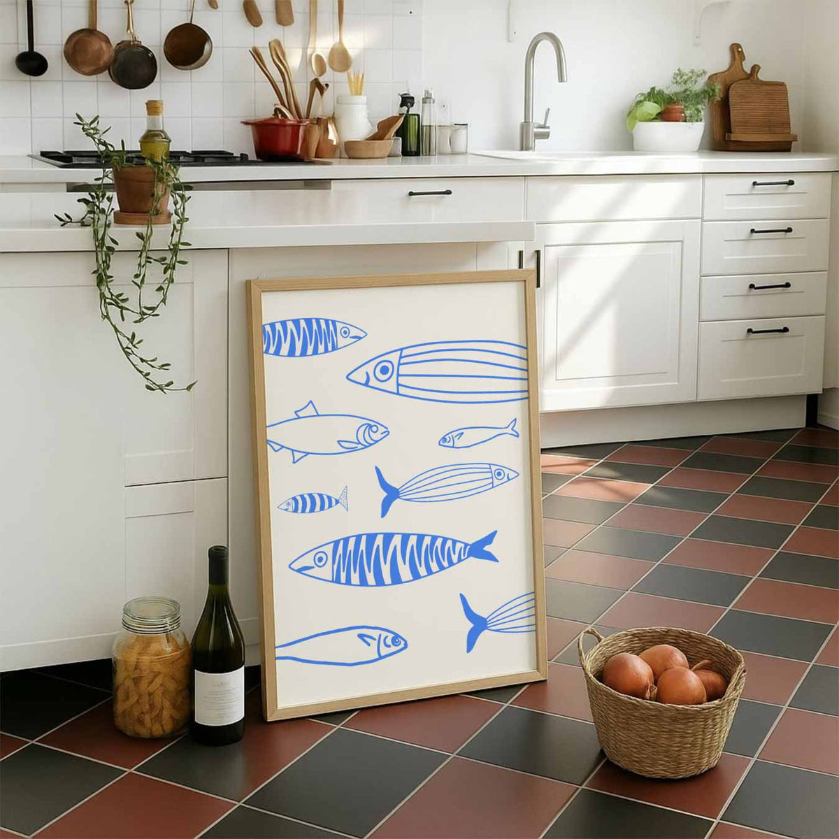 Fris Blauwe Vis Illustratie – staande muurposter voor keuken of eethoek