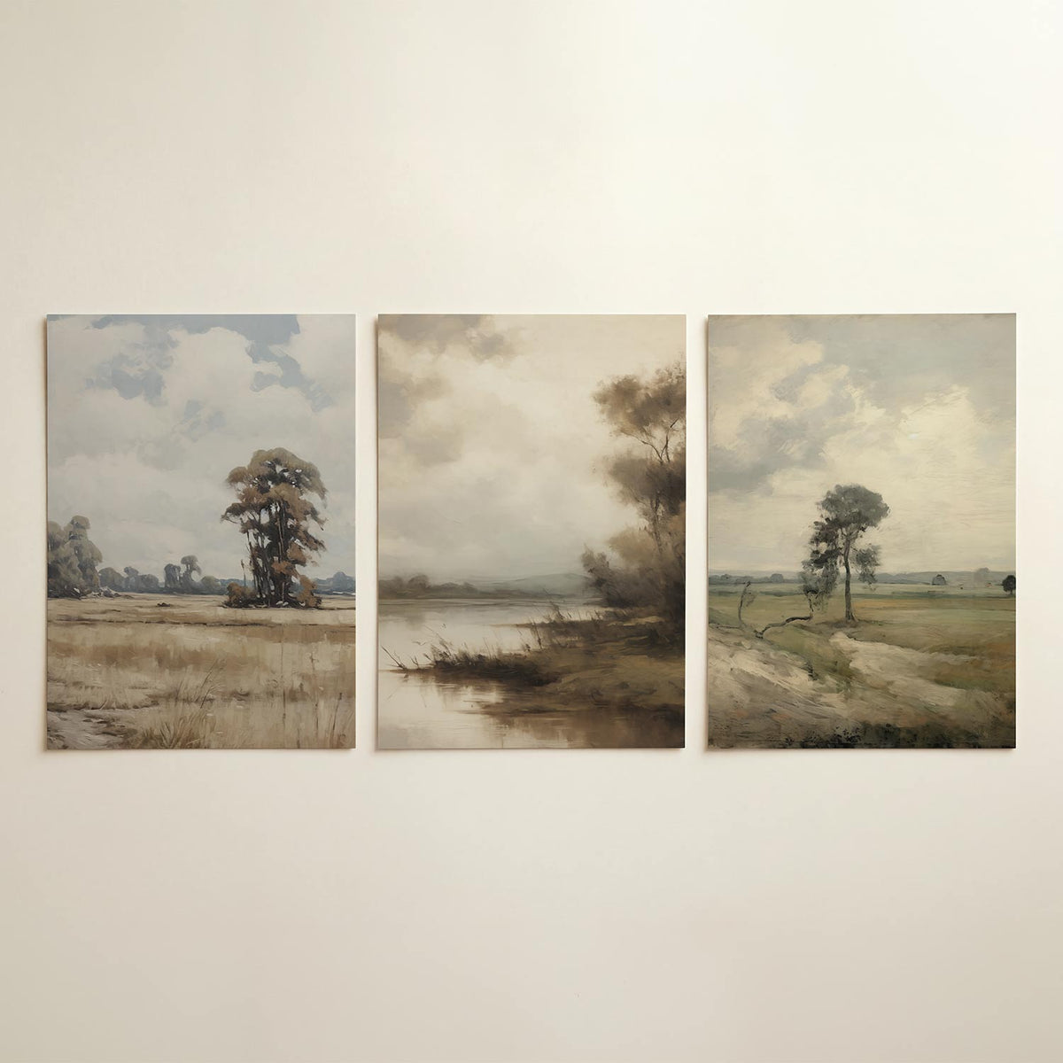Landschap en lucht – driedelige posterset in interieur