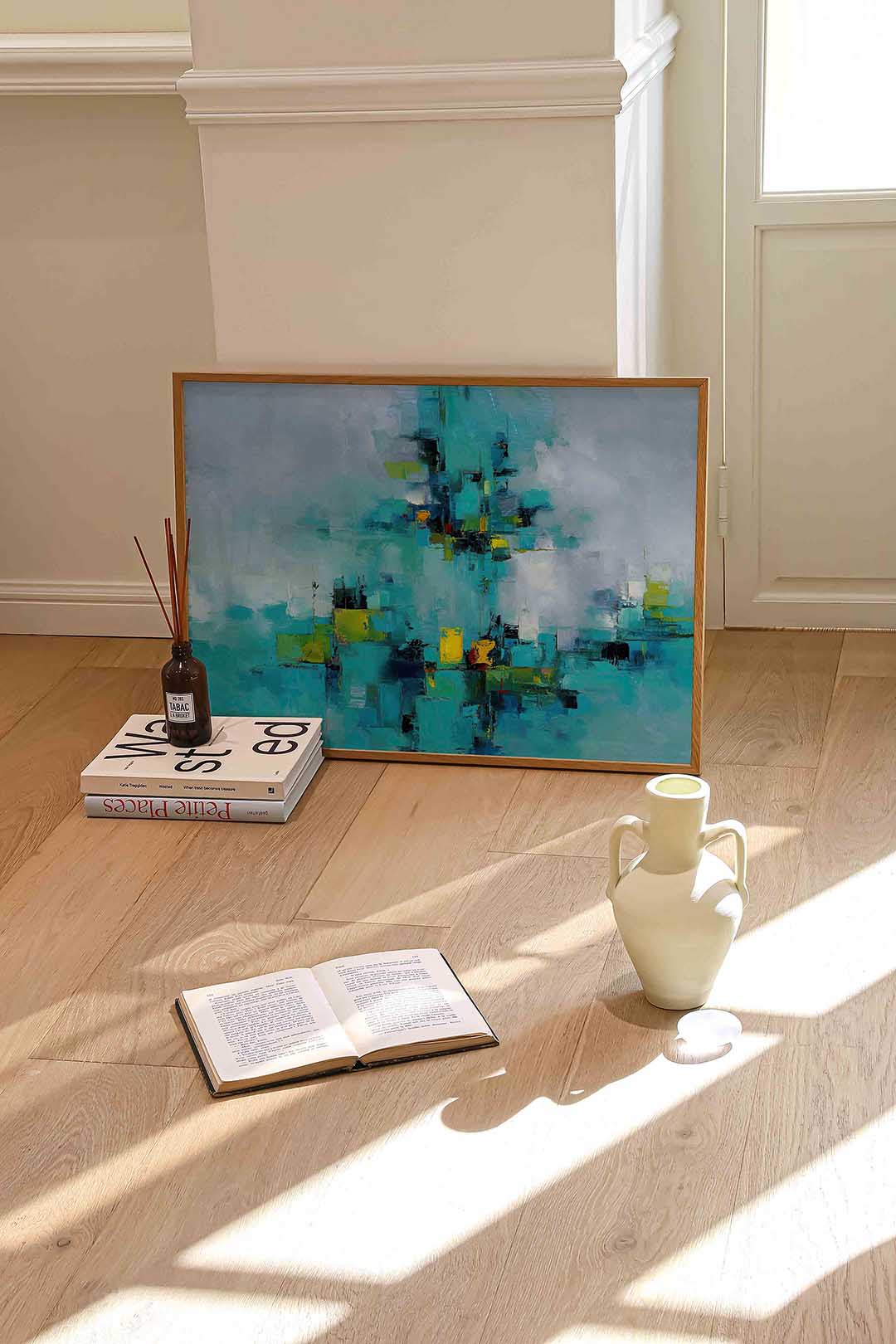 Abstracte blauwe compositie – liggende abstracte wanddecoratie van WallArtistic