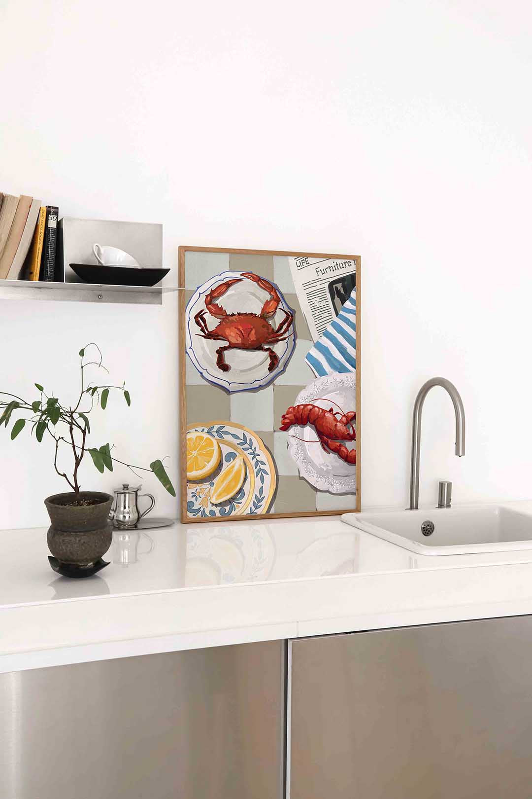 Kreeft en krab op borden – staande keuken wanddecoratie van WallArtistic