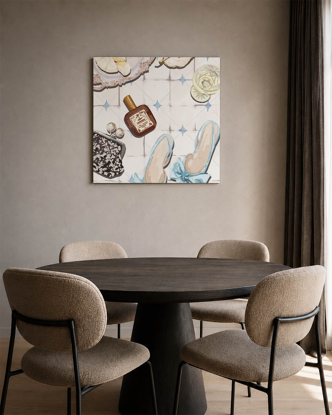 Elegante tafelscène kunstwerk – vierkante wanddecoratie – dit kunstwerk toont een tafelscène met objecten zoals een