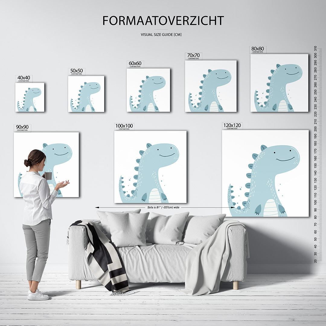 Vrolijke dinosaurus illustratie kunstwerk – sfeerbeeld – dit kunstwerk toont een schattige dinosaurus met een glimlach