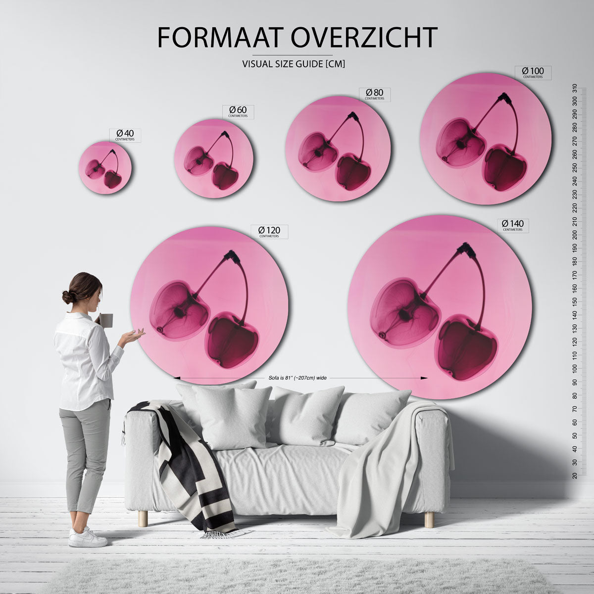 Kersen in roze – kleurrijke wandkunst als muurcirkel