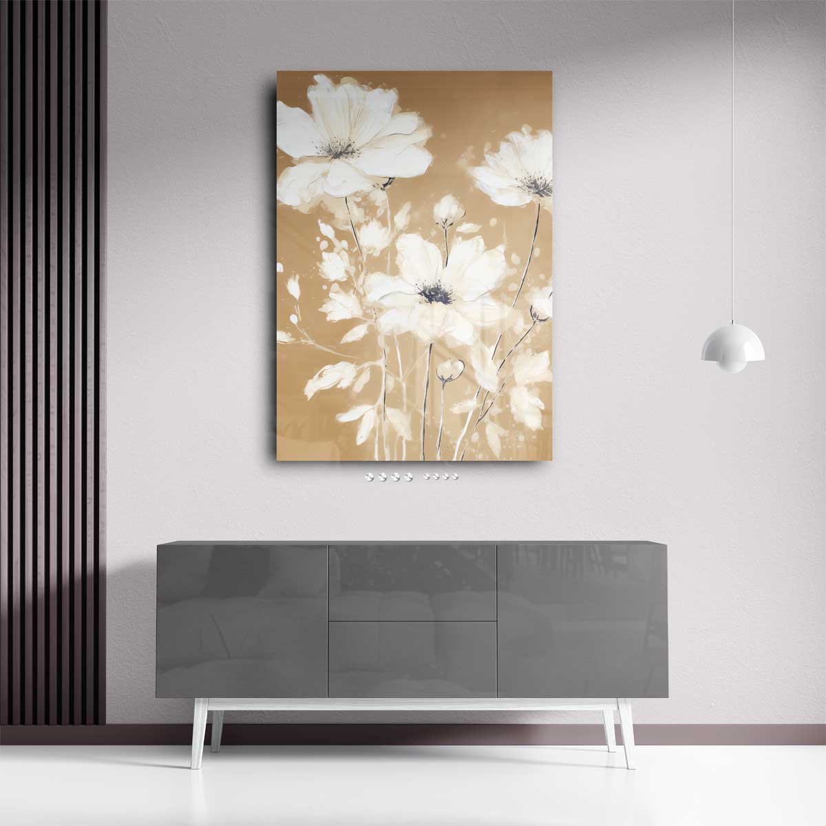 Zachte Bloemenpracht op Bruine Achtergrond – staand kunstwerk voor modern interieur